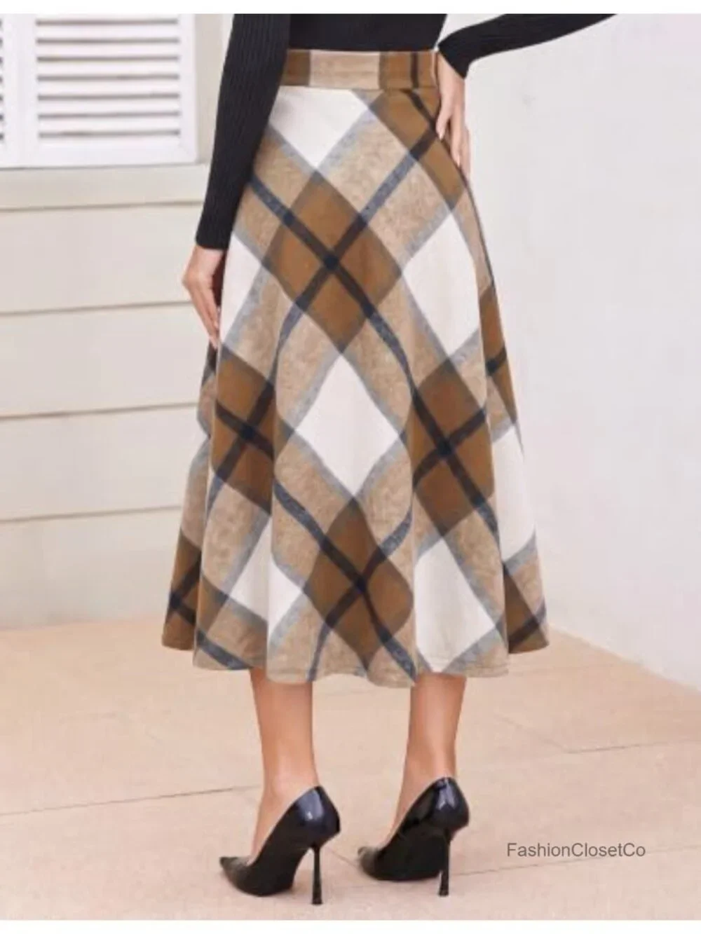 Elastic Waist Plaid Midi Skirt with Pockets